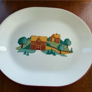 Corelle White Platter with Red Rim and Colorful Design
